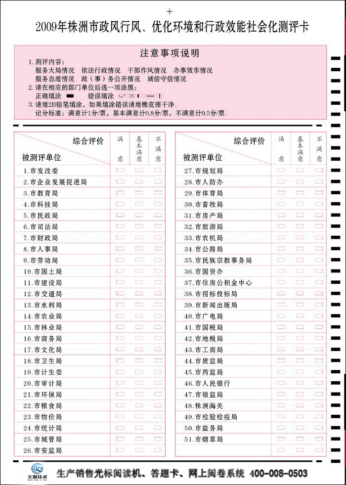 株州市政风行风优化环境和行政效能社会化测评卡