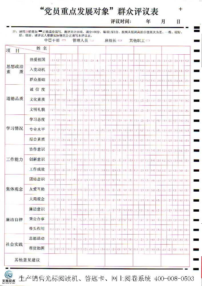 “党员重点发展对象”群众评议表